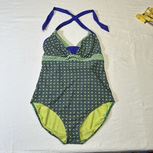 prAna XL One-Piece Swimsuit Retro Print Halter Bathing Suit Green Blue Pattern